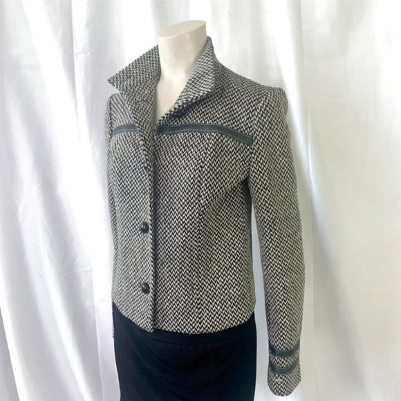 MICHAEL KORS BLACK WHITE COAT WOOL JACKET FULLY LINED LEATHER WOMEN SIZE 4 - Picture 6 of 6